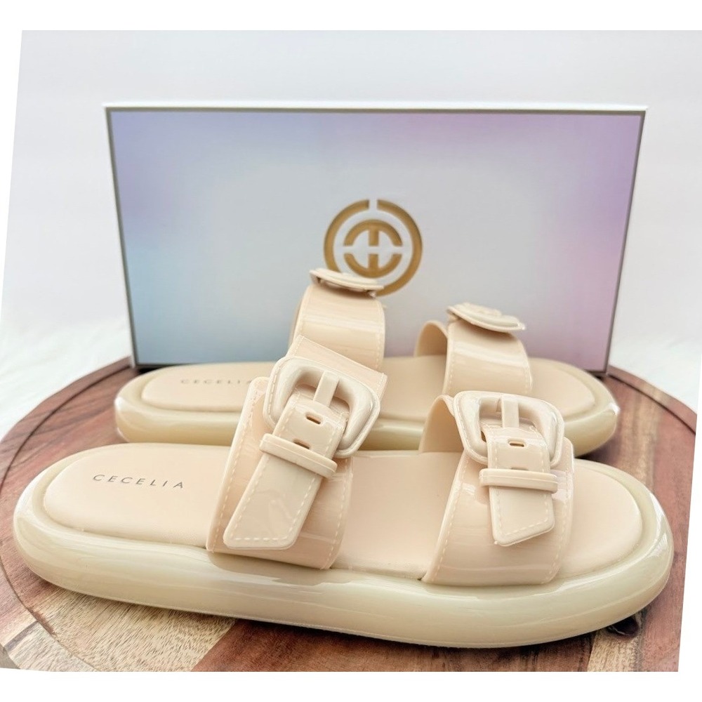 Cecelia New‎ York Jump Nude Jelly Size 8M Double Buckle Platform Slide Sandals